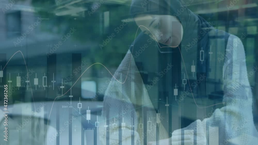 Poster animation of statistics and data processing over woman in hijab using smartphone