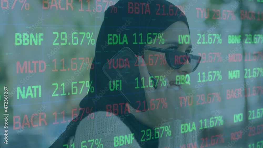 Poster animation of financial data processing over woman in hijab using smartphone