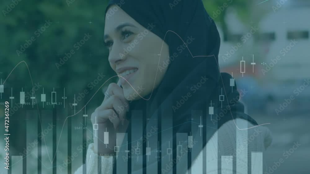 Poster animation of statistics and data processing over woman in hijab using smartphone