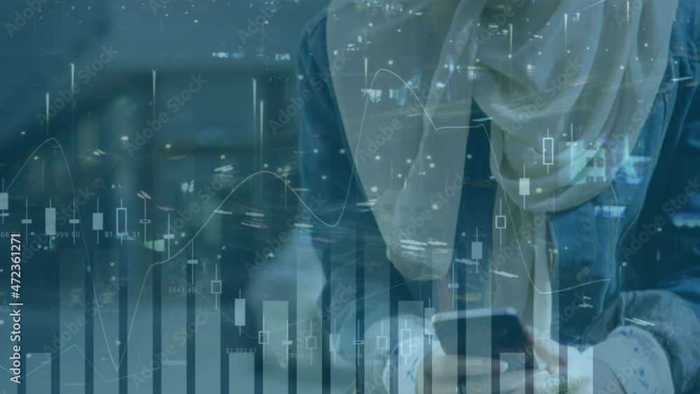 Poster animation of statistics and data processing over woman in hijab using smartphone