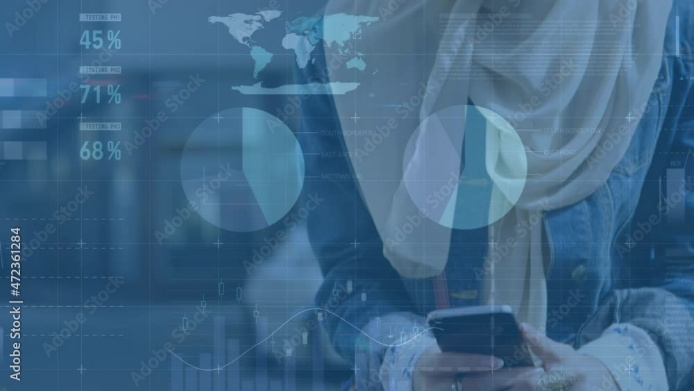 Poster animation of statistics and data processing over woman in hijab using smartphone