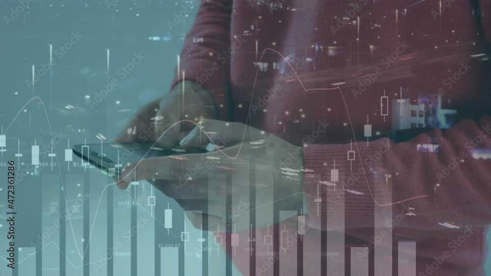 Poster animation of statistics and data processing over man using smartphone