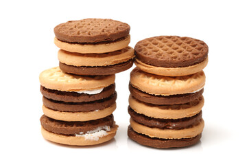 vanilla sandwich cookies on white background