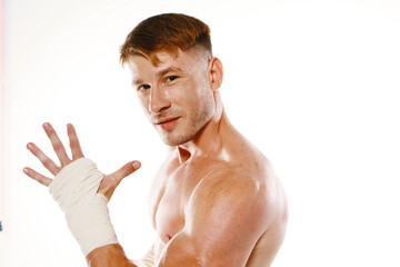 muscular man with bandaged arms gym boxer