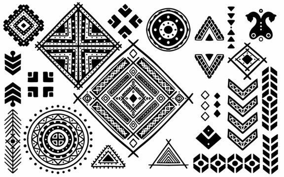Set of ethnic hand drawn doodle in aztec style isolated on white background.