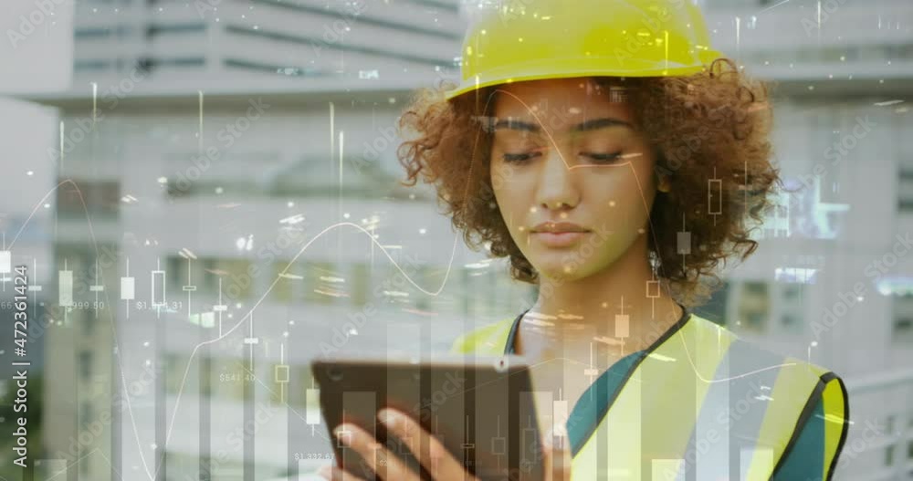 Poster animation of statistics processing over female architect using tablet at construction site
