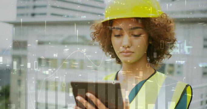 Animation of statistics processing over female architect using tablet at construction site