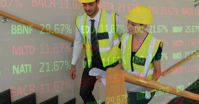 Animation of statistics processing over female architect holding plans at construction site
