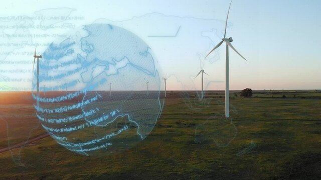 Animation of globe over wind turbines in countryside