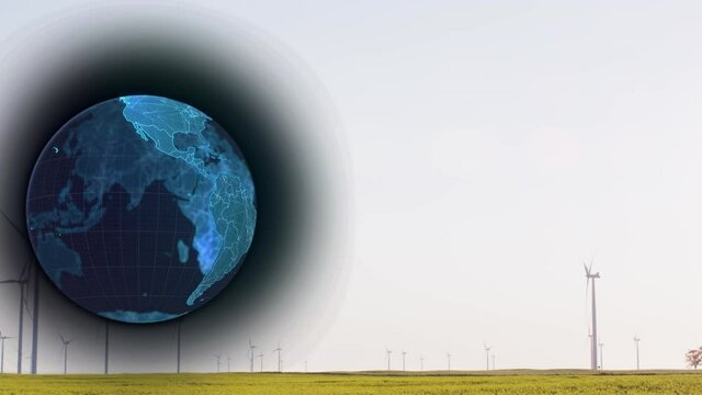 Animation of globe over wind turbines in countryside