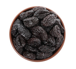 Bowl with sweet dried prunes isolated on white, top view