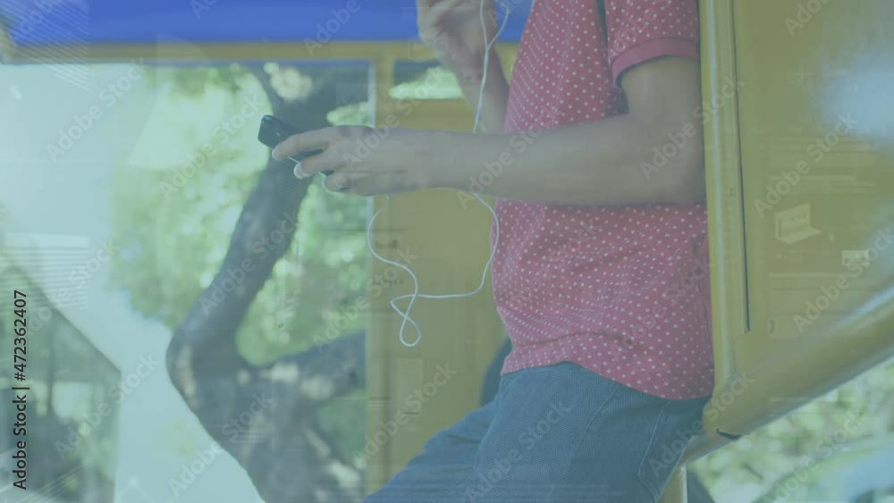 Poster animation of statistics processing over midsection of man using smartphone
