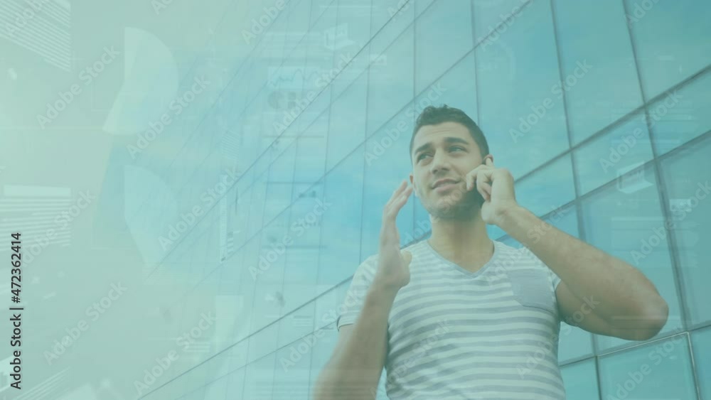 Poster Animation of statistics processing over smiling man using smartphone