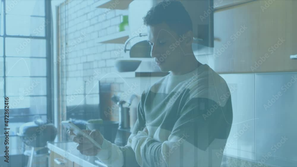 Poster animation of statistics processing over man using smartphone