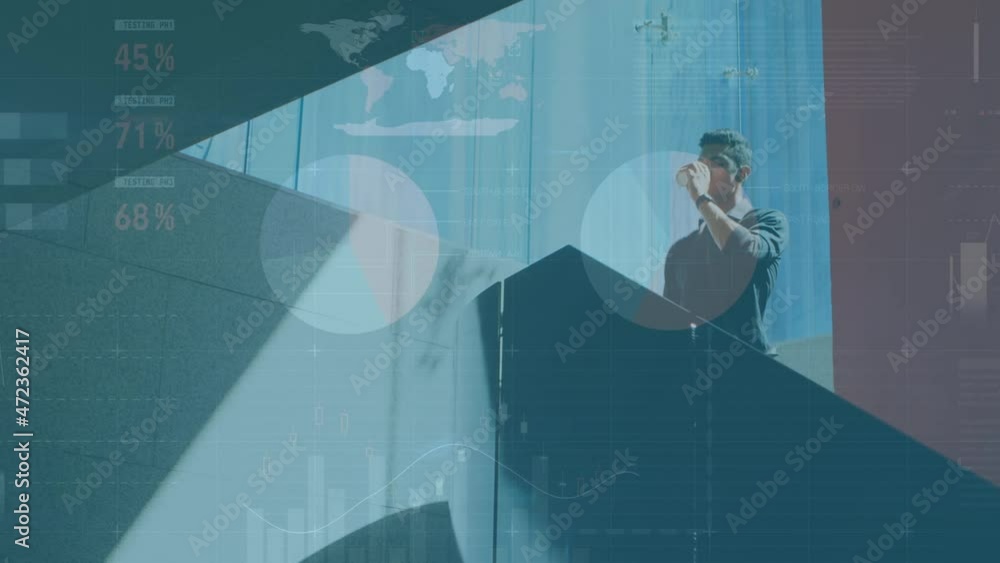 Poster animation of statistics processing over businessman using smartphone