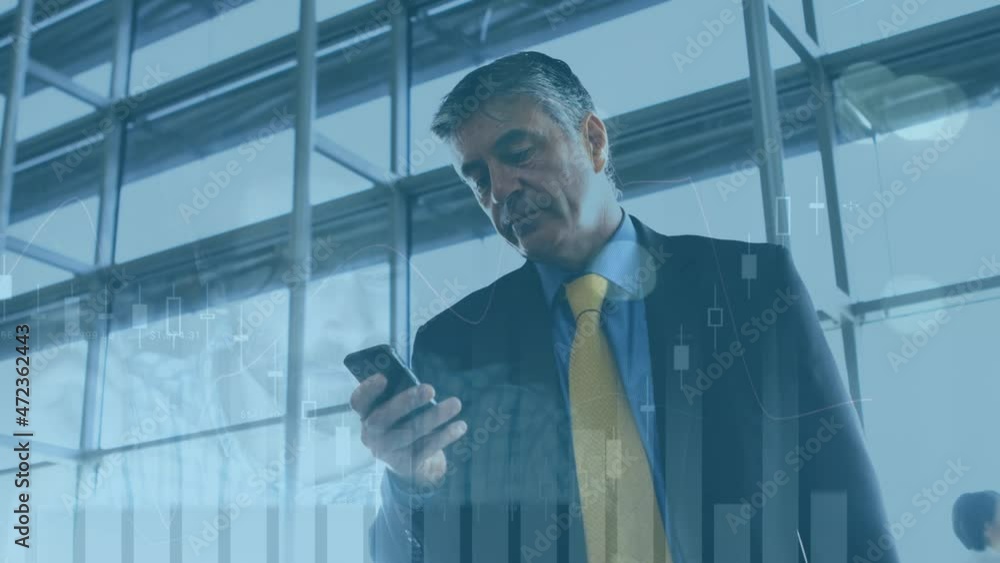 Poster animation of statistics processing over businessman using smartphone
