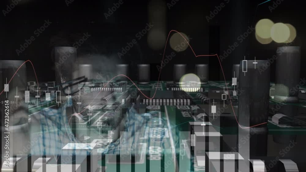 Poster animation of statistics processing over circuit board and man using computer