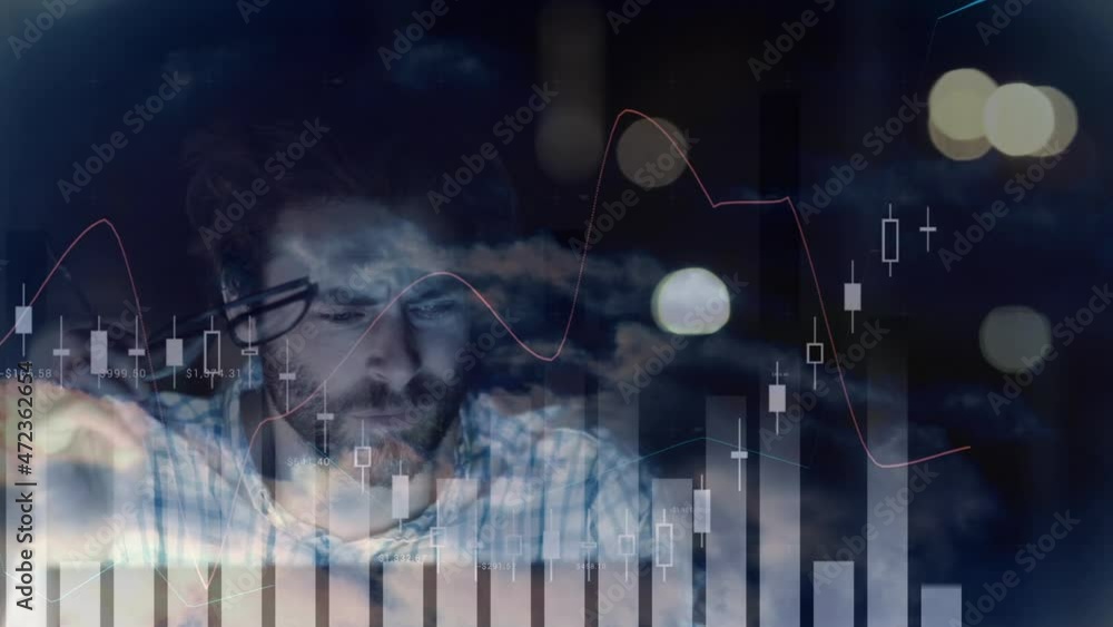 Poster animation of statistics processing over man using computer