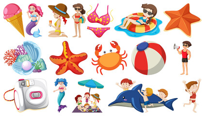 Set of summer beach objects and cartoon characters