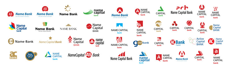 A set of vector logos of banks and finance on a white background