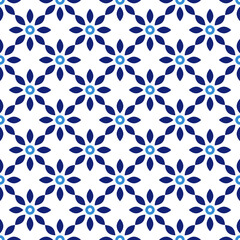Azulejos portuguese traditional ornamental tile, blue and white seamless pattern