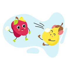 Kawaii apple and pear playing snowballs. Funny winter mascots. Cute fruit characters on vacation. Active outdoor games. Christmas and New Year entertainment for children. Bright humorous print.