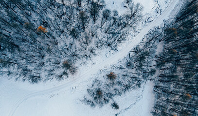 Naklejka premium Aerial high angle view of snow covered mountain path and winter woodland. Country road track, bird's eye view.