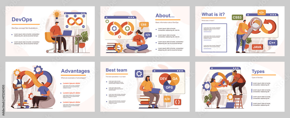 Leinwandbilder DevOps concept for presentation slide template. People collaborates on software development project, programming and management, communication. Vector illustration with flat persons for layout design