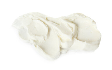 Fototapeta na wymiar Smear of delicious cream cheese isolated on white, top view