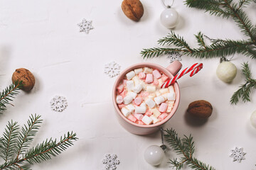 Fototapeta na wymiar Christmas hot drinks. winter cocoa with marshmallows and spruce branches on a white background