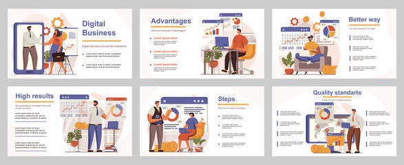 Naklejka na ściany i meble Digital business concept for presentation slide template. People analyze financial data, create strategy, marketing research, development. Vector illustration with flat persons for layout design