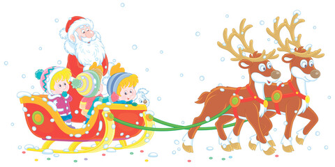 Obraz na płótnie Canvas Santa Claus riding happy little kids in his magic sleigh with merry reindeers on a snowy Christmas day, vector cartoon illustration isolated on a white background