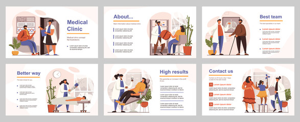 Fototapeta na wymiar Medical clinic concept for presentation slide template. People visits different doctors, receives consultations, diagnostics and treatment. Vector illustration with flat persons for layout design