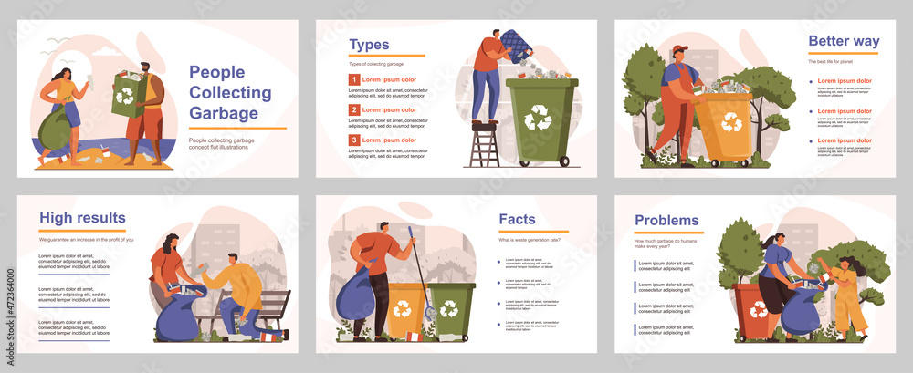 Poster people collecting garbage concept for presentation slide template. volunteers sorting different tras