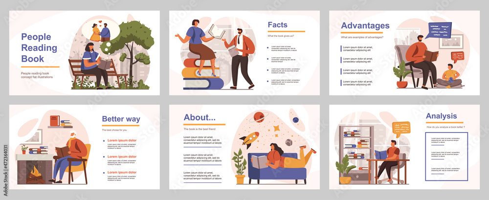 Poster people reading book concept for presentation slide template. men and women reading lovers pastime wi