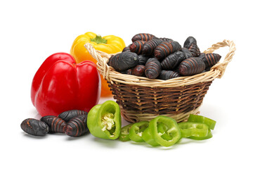 chrysalis silkworm ,silk worm cocoon and pepper on white background 