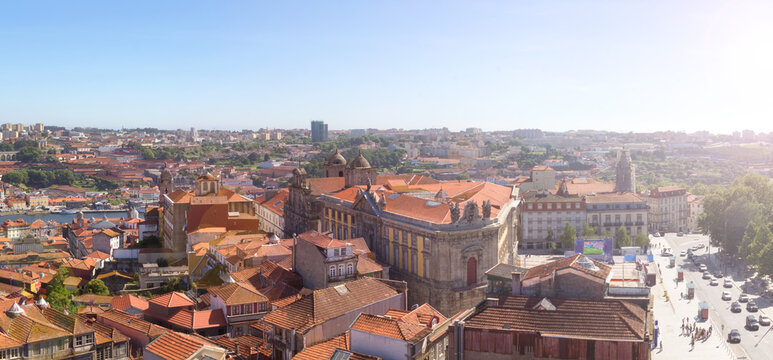 Panoramic view of Porto city and Douro river. View from Clerigos Tower. Portugal.