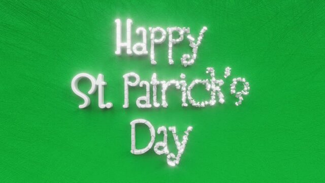 Happy Saint Patrick’s Day text inscription, irish march traditional holiday concept, luck and fortune symbol, decorative animated lettering, 3d render of festive greeting card motion background