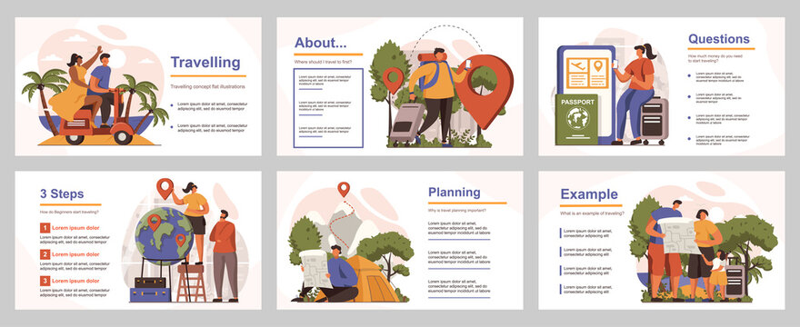 Travelling concept for presentation slide template. People with luggage go on vacation at summer trip. Tourists hiking at mountains routes. Vector illustration with flat persons for layout design