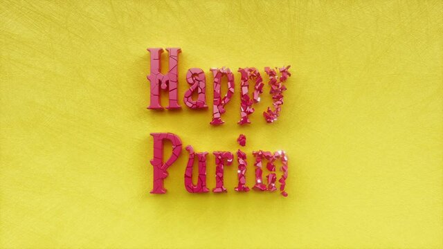 Happy Purim text inscription, jolly Jewish festival or carnival or holiday concept, Israel traditional celebrate, funny masquerade, decorative animated lettering, greeting card motion background