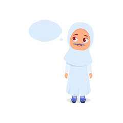 Cute girl confused with pencil on her lips and speech balloon