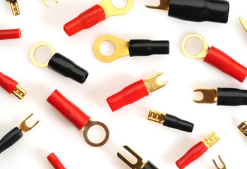 Electric colored plugs for wires, connectors close up on a white background