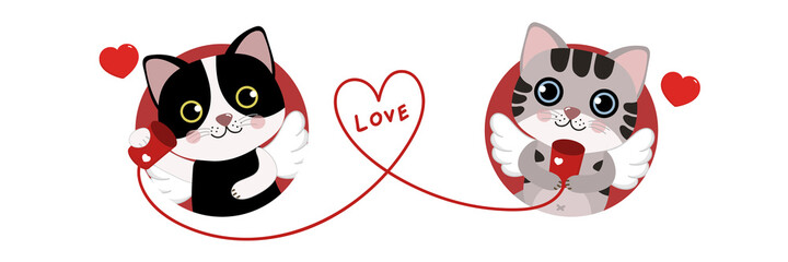 Cute cats with little cupid wings and red heart. Happy Valentine's Day greeting card. Animal cartoon character in love holidays.