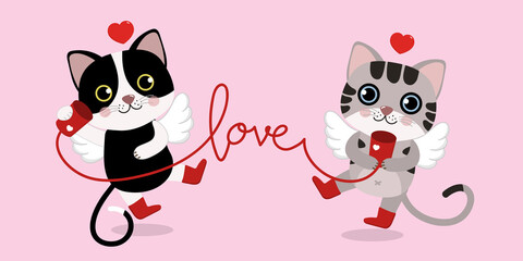 Cute cats with little cupid wings and red heart. Happy Valentine's Day greeting card. Animal cartoon character in love holidays.