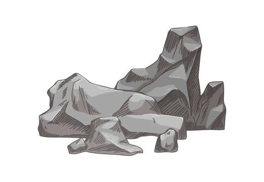 Big heavy rocks. Solid boulders group. Rough rubbles. Realistic drawing of natural material, mountain formation. Detailed hand-drawn vector illustration isolated on white background