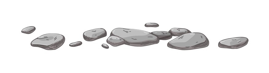 Pebbles, small gray stones. Cobbles group. Cobblestones composition. Debris and fragments of natural rock formation. Realistic detailed hand-drawn vector illustration isolated on white background