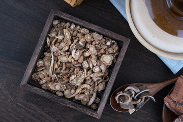 Close up of Chinese herb parsnip in wooden box