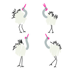 Doodle red crowned cranes collection. Perfect for T-shirt, poster, stickers and print. Hand drawn vector illustration for decor and design.
