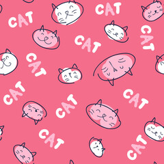 Doodle seamless pattern of kitty faces and text CAT. Perfect for T-shirt, textile and print. Hand drawn vector illustration for decor and design.
