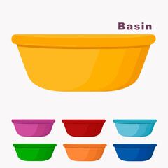 Set of home plastic basins. Collection of various basins for food and home cleaning. Vector set of containers illustration